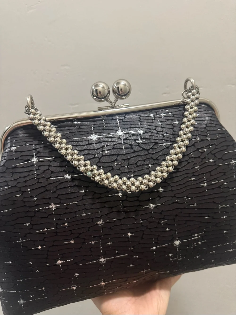 Silver Stars Embossed Cowhide Handmade Kisslock Frame, Extra Large Multi Use Bag